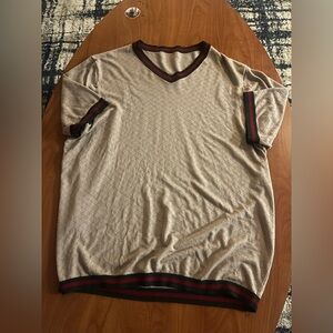 Men's Beige V-Neck Knit Sweater with Stripe Trim